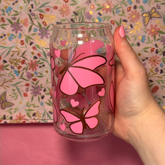 Pink/Rose Gold Butterflies Glass Cup